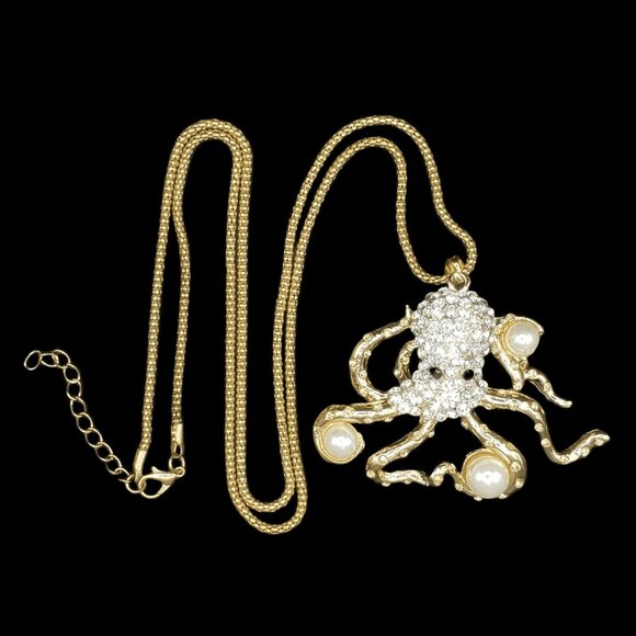 Octopus Pendant Necklace Rhinestone Faux Pearl Gold Tone Giftboxed Ocean - Picture 7 of 7